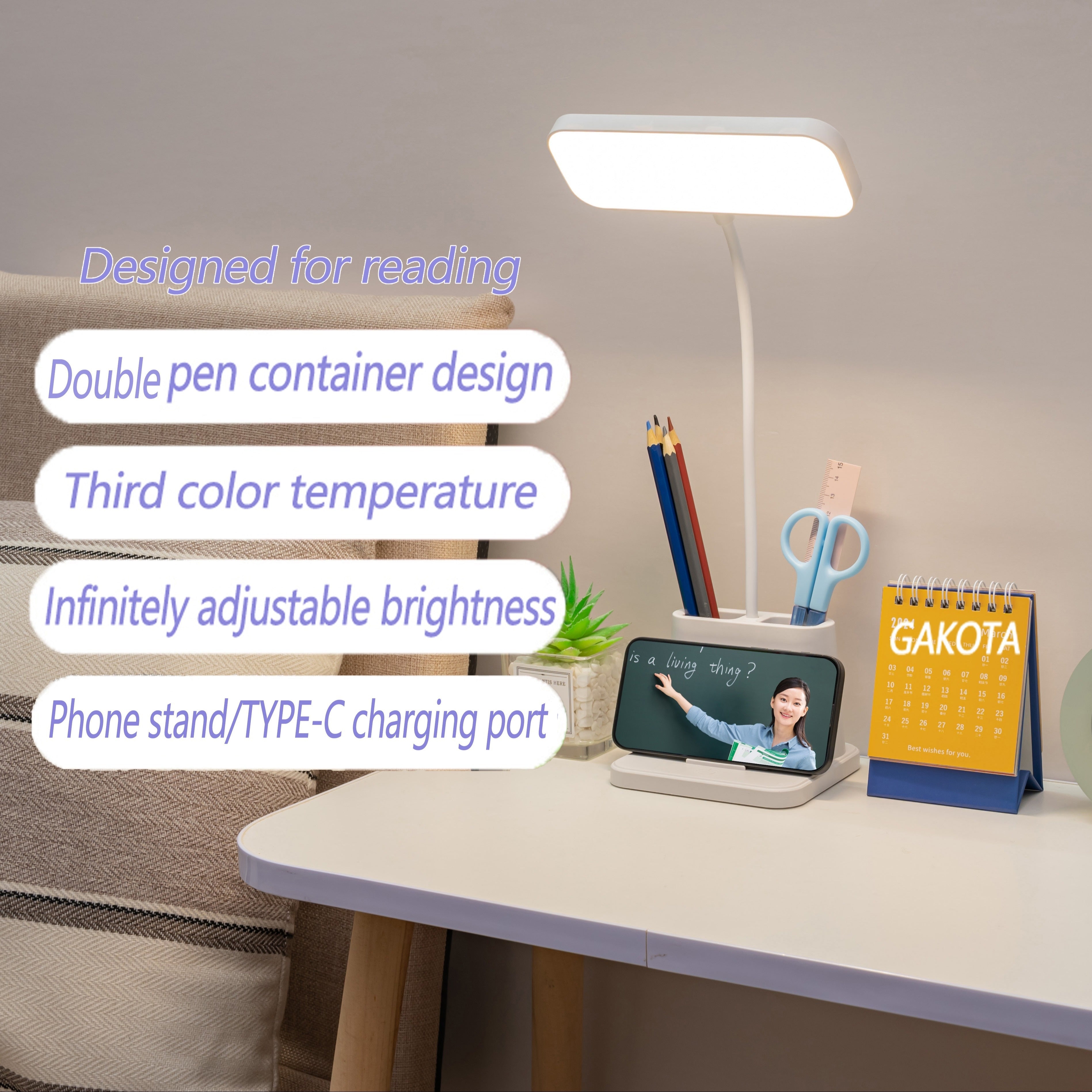 LED Desk Lamp with Pen Holder Touch Control Dimmable Color Changing USB Battery Powered White