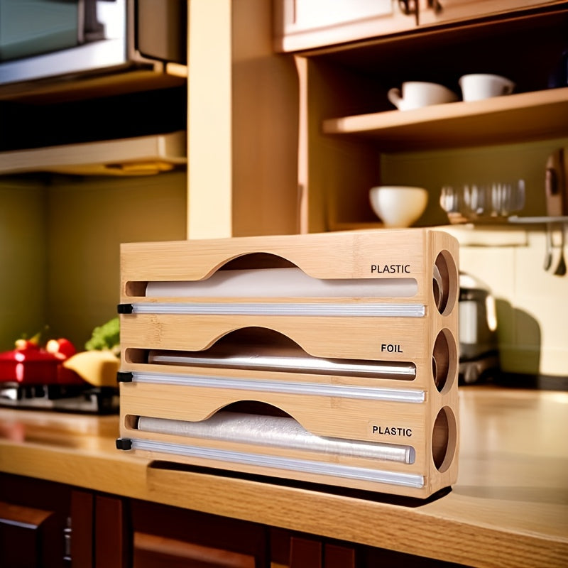 Bamboo Kitchen Organizer for Plastic Wrap Foil and Wax Paper Dispenser