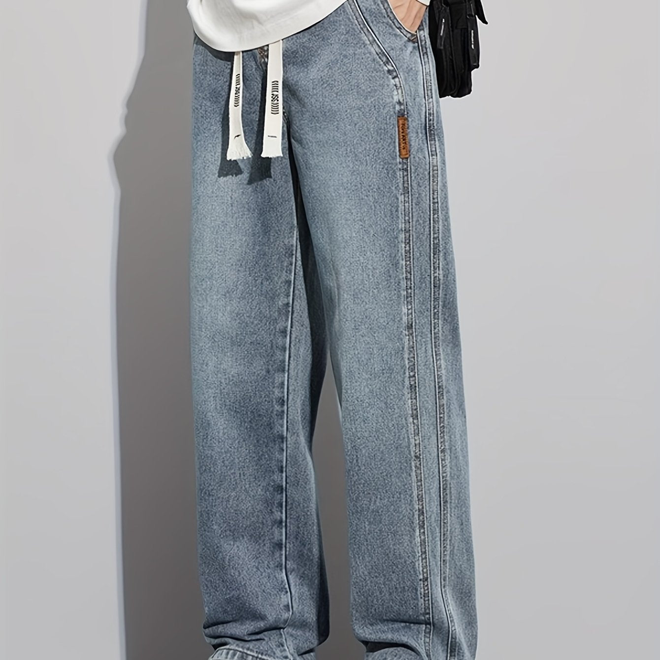 Мужские повседневные джинсы из денима свободного кроя с средней посадкой, на шнурке, для всех сезонов, из хлопково-полиэфирной смеси, однотонные