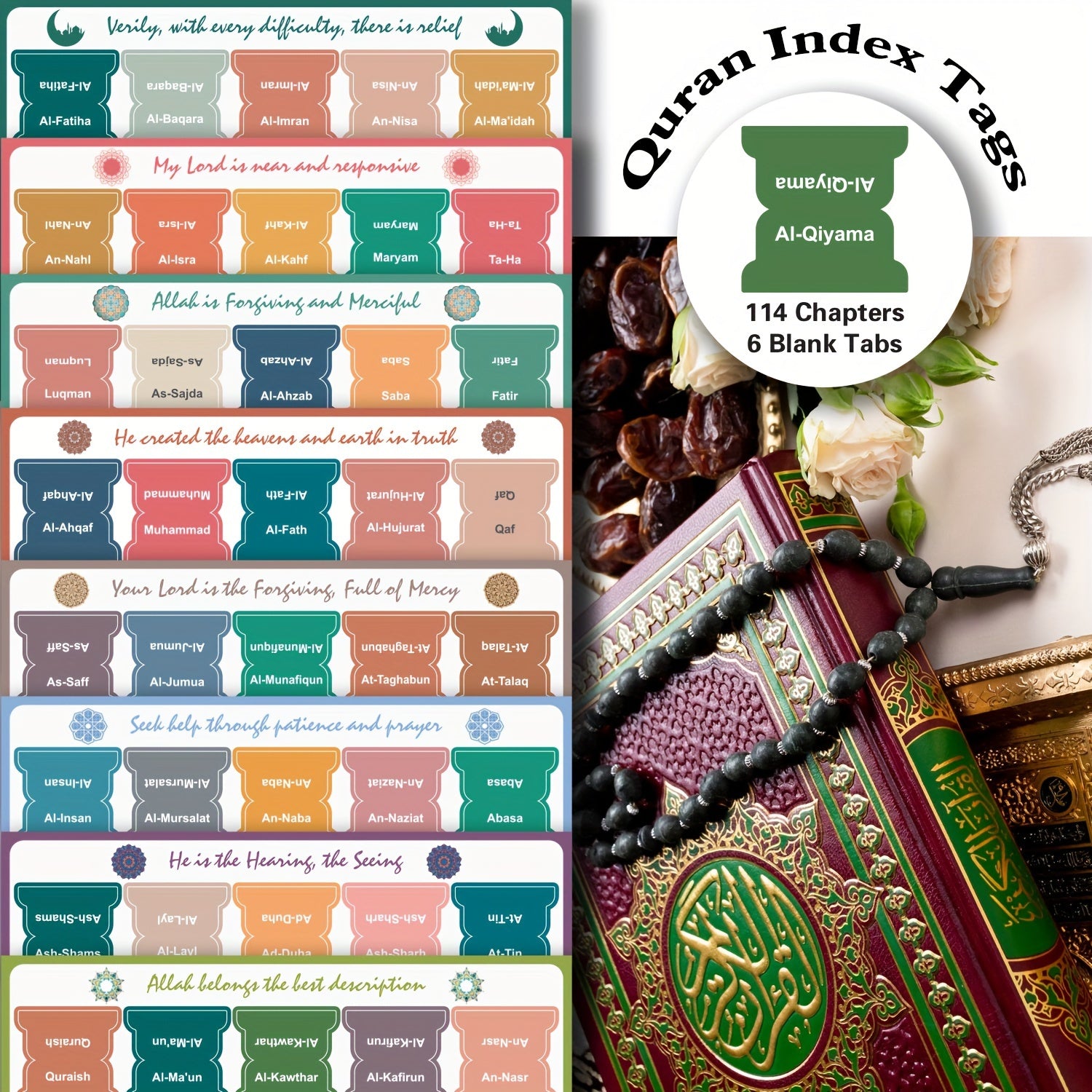 Self-Adhesive Quran Index Tabs Set of 8 Sheets with 114 Chapters and Blank Tabs