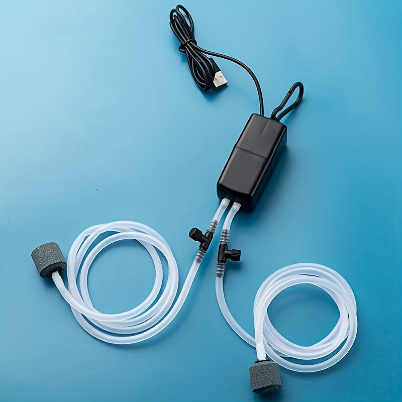 Compact USB Aquarium Air Pump with Adjustable Flow Valve and 2 Air Stones for Fish Tanks and Outdoor Use