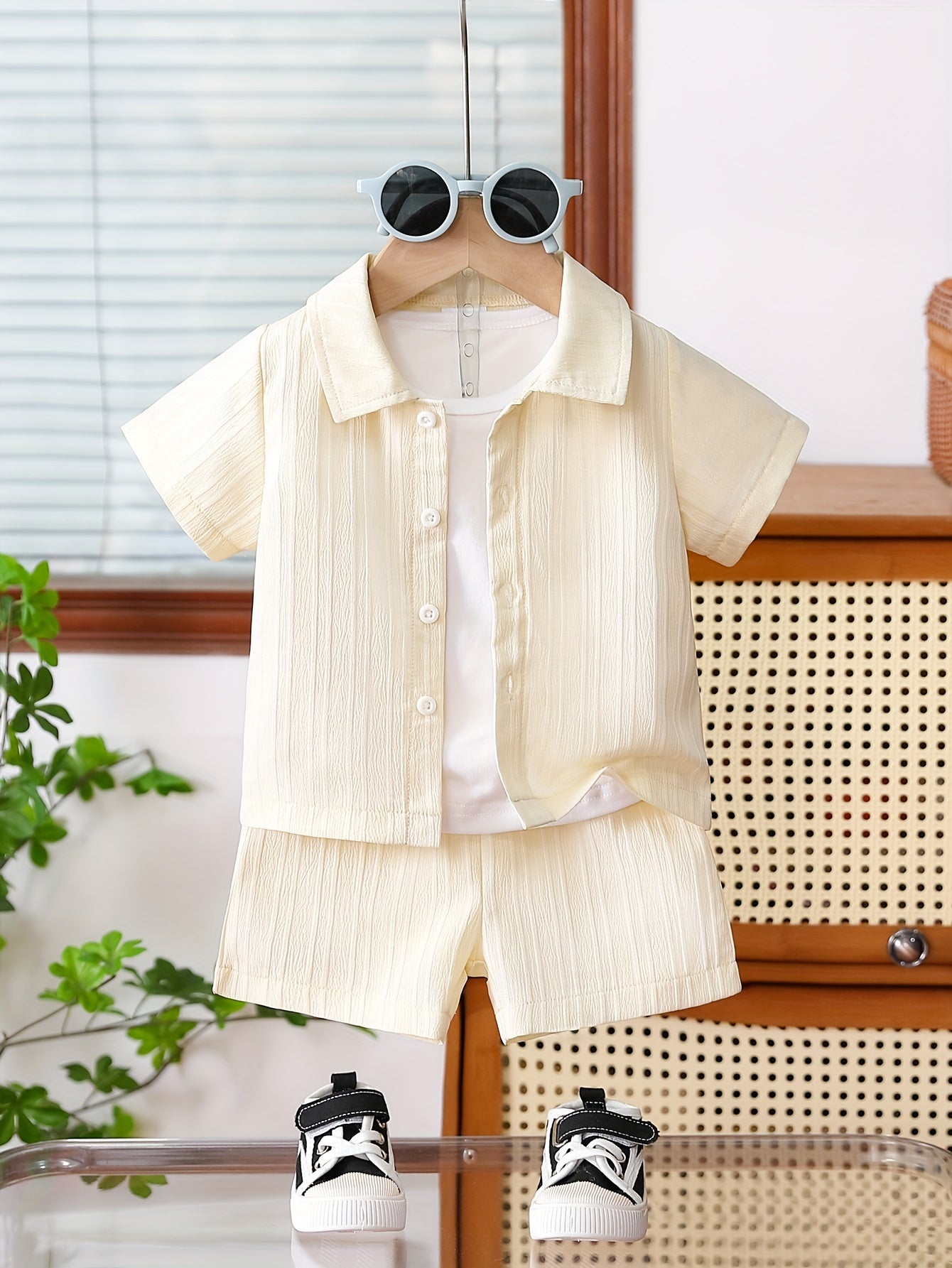 Men's Summer Apricot Striped Shirt and Shorts Set Casual Non-Stretch Polyester