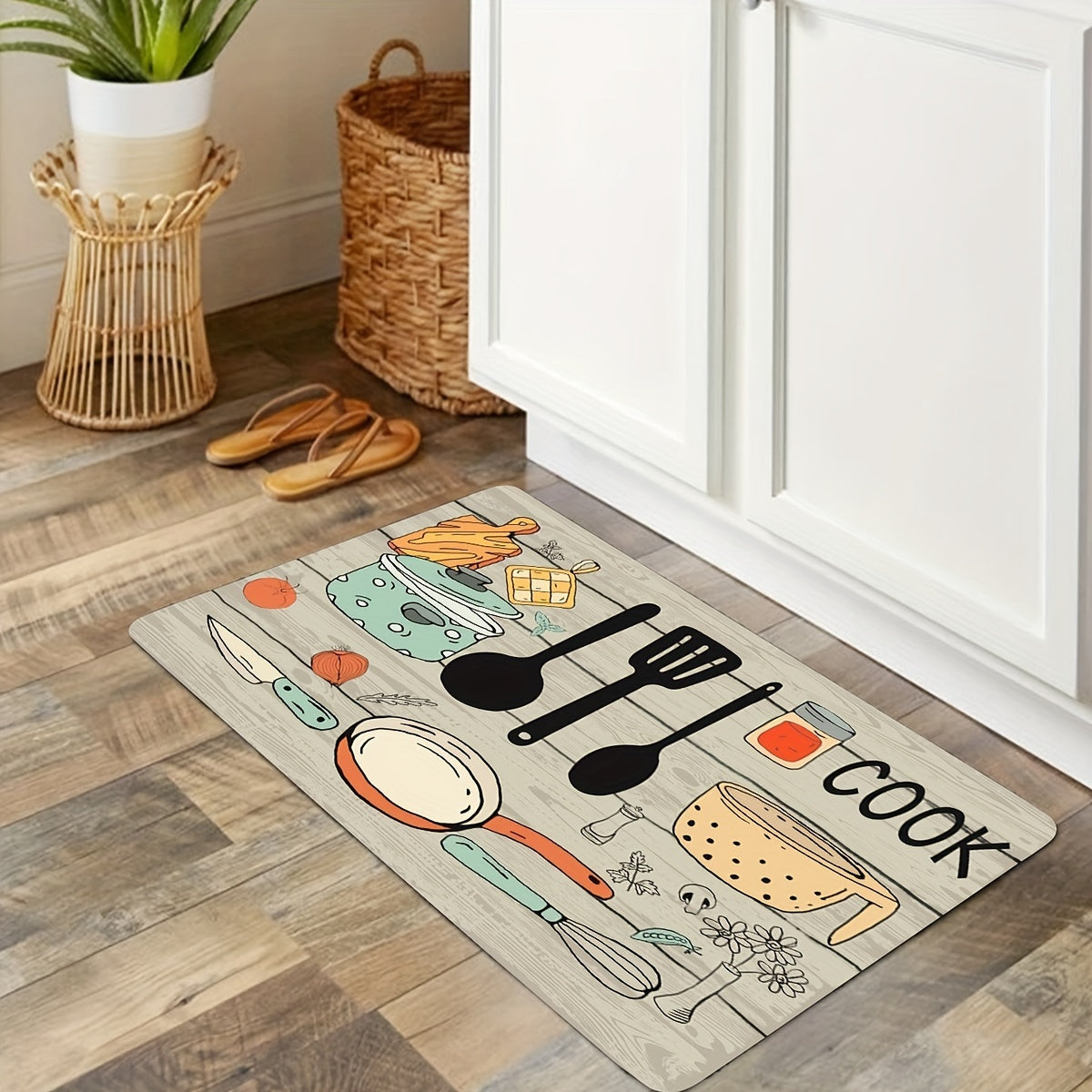 Alfombra moderna de poliéster para cocina con gráficos de cubiertos y letras, lavable a máquina, alfombra rectangular para el suelo para cocina y decoración del hogar