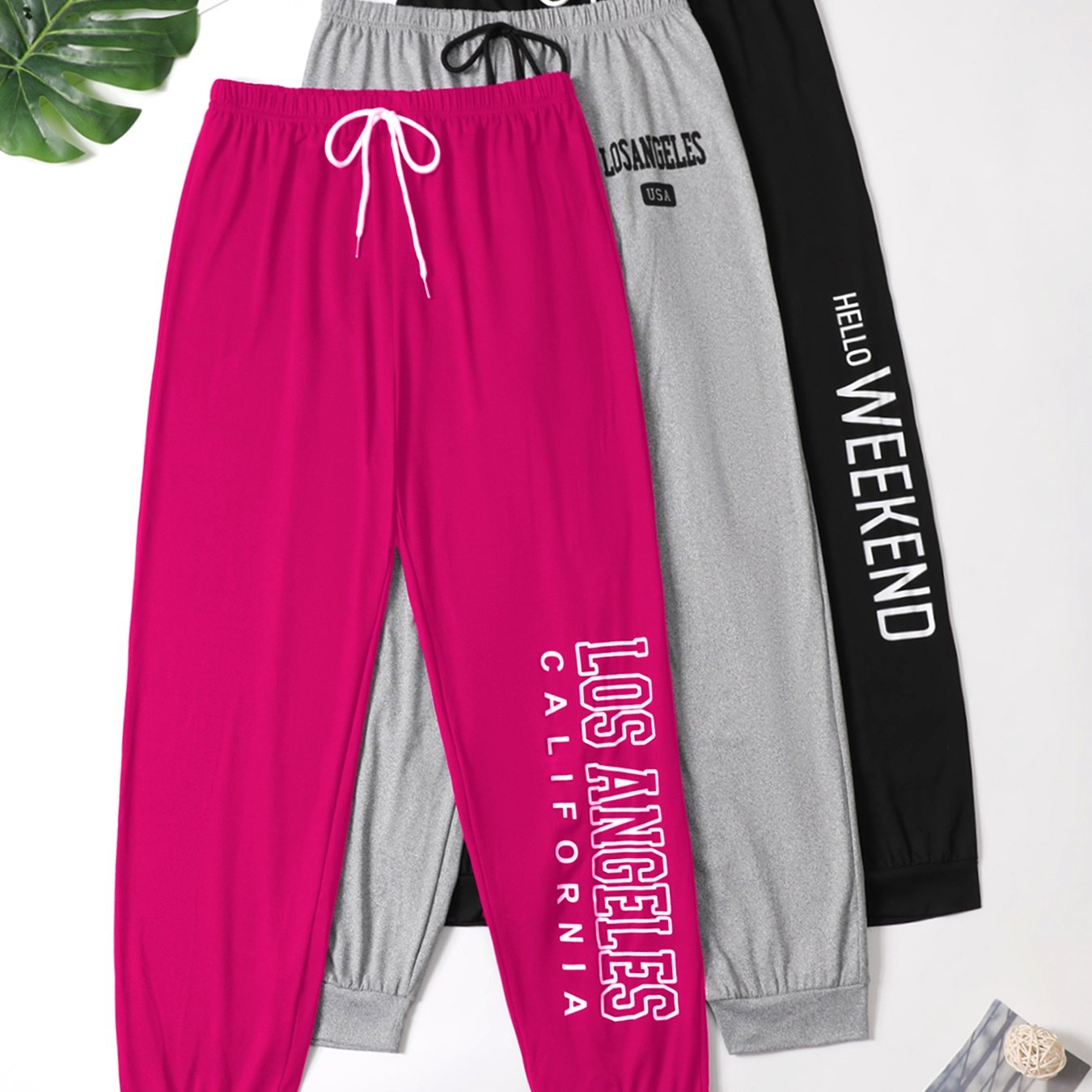 Plus Size Women’s Cozy Lounge Pants 3-Pack With Elastic Waist and Drawstring