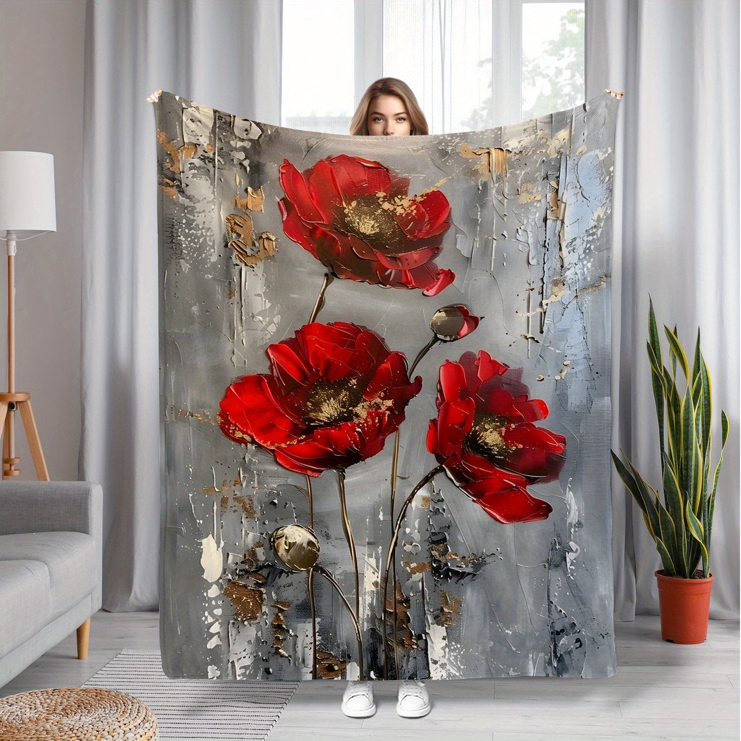 Contemporary Red Poppy Pattern Throw Blanket for Sofa Bed Travel Durable Polyester