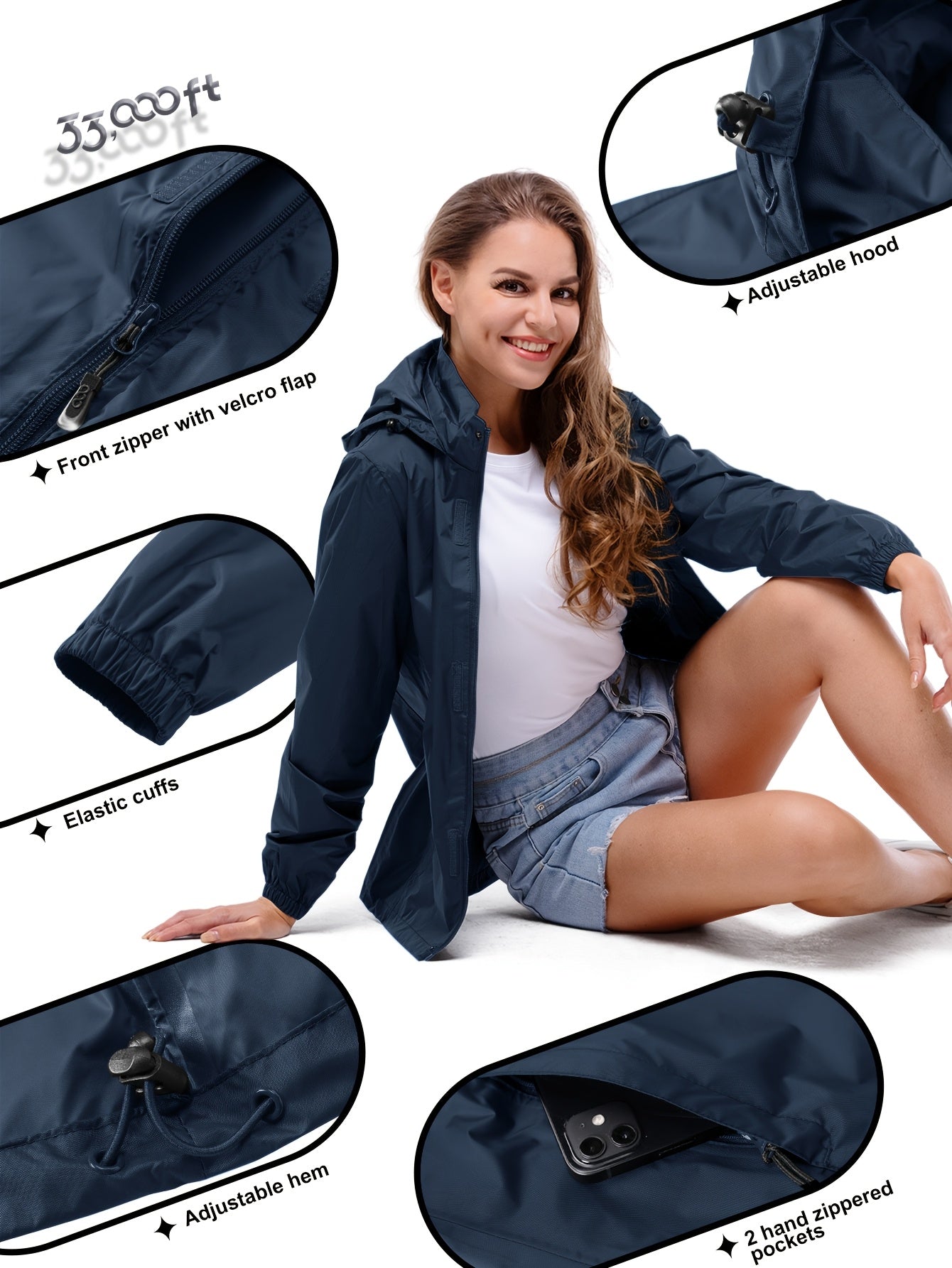 Women’s Lightweight Windbreaker Jacket with Hood, Zipper Pockets, Navy Blue, Plus Size