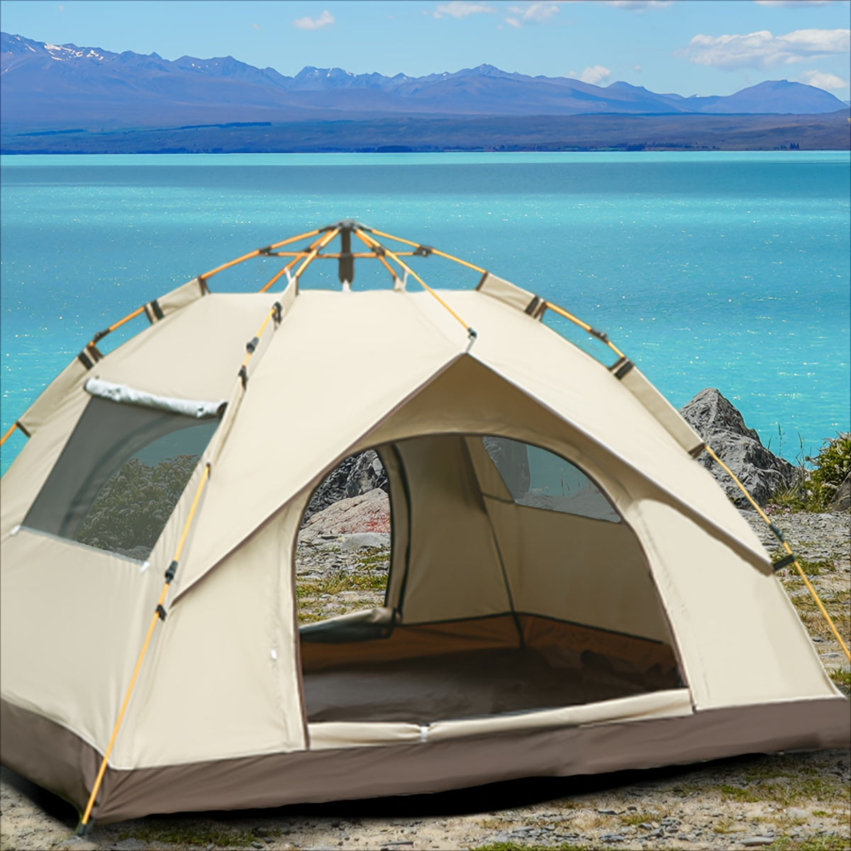 Light Brown Square Camping Tent for 4 People Waterproof Oxford Cloth with Zipper and Glass Fiber Frame