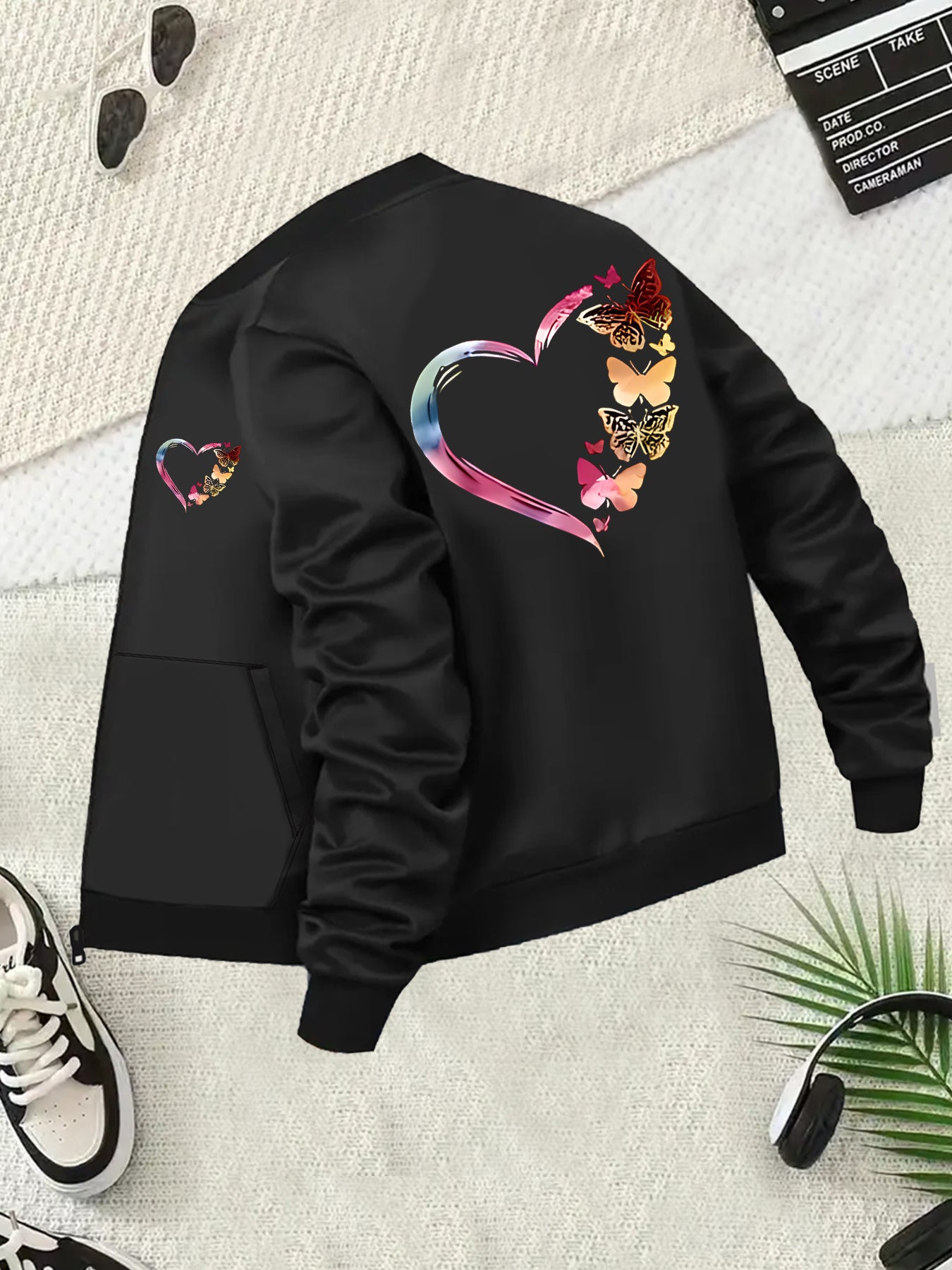 Plus Size Womens Casual Bomber Jacket with Butterfly Pattern Black All-Season Outerwear