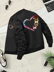 Plus Size Womens Casual Bomber Jacket with Butterfly Pattern Black All-Season Outerwear