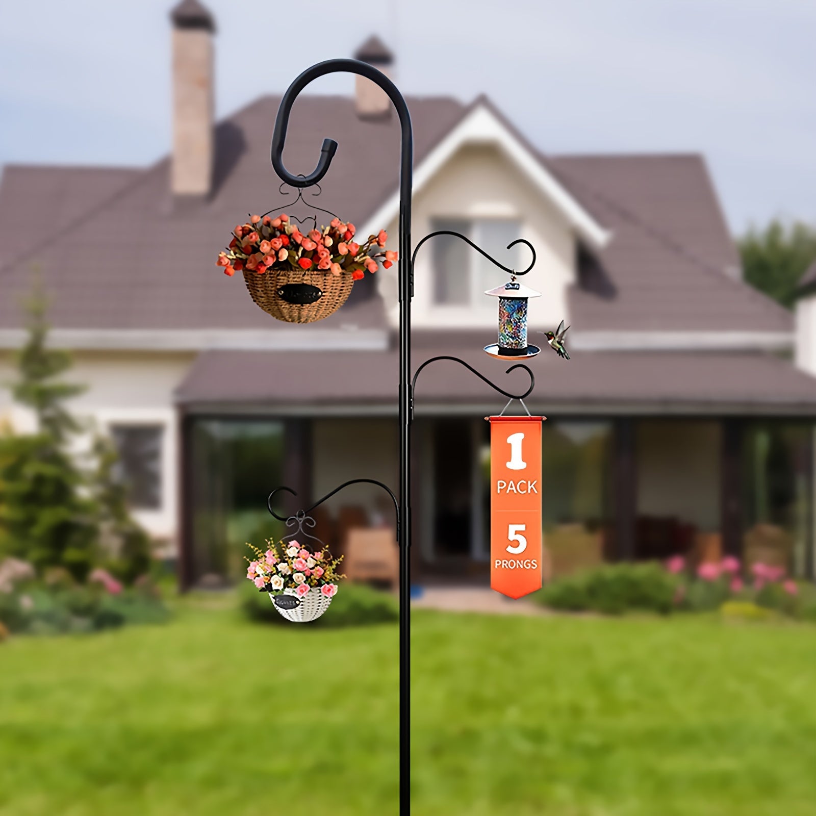Rustic Iron Garden Hook with Three Hanging Arms and Five-Prong Base for Bird Feeders and Flower Baskets