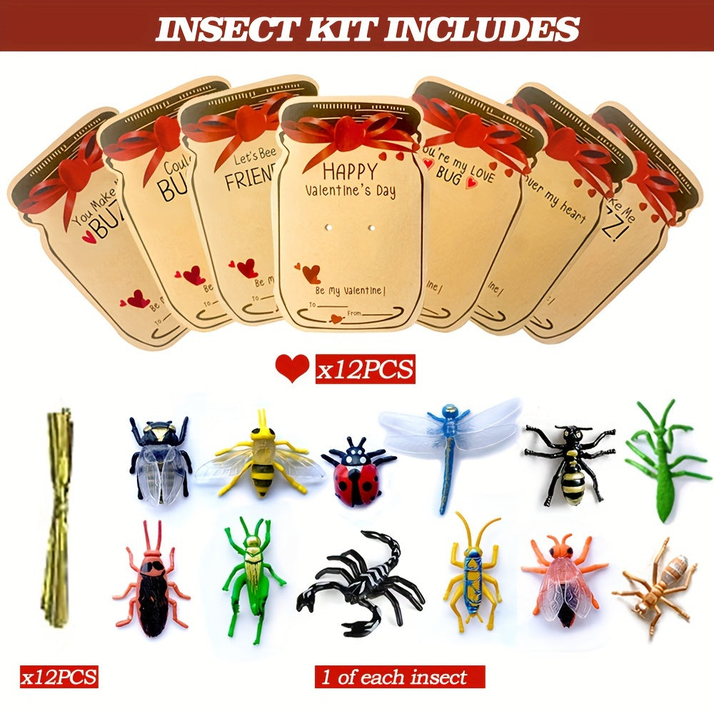 Kids Valentine's Day Cards Set of 12 with Insect Toys and Exchange Cards for Classroom Gifts