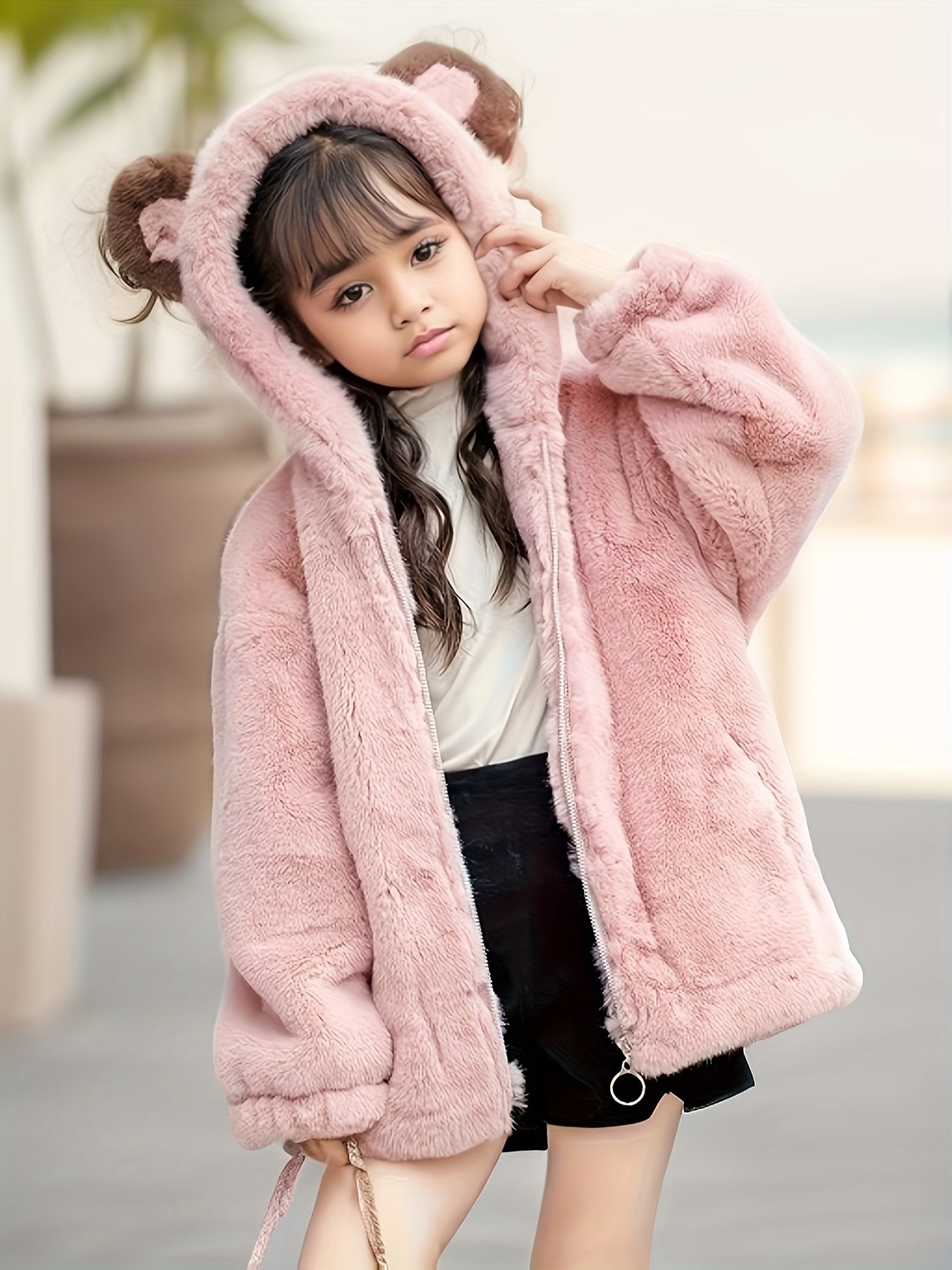 Kids' Faux Mink Fur Coat with Bear Ears Hood for Warm Winter Wear