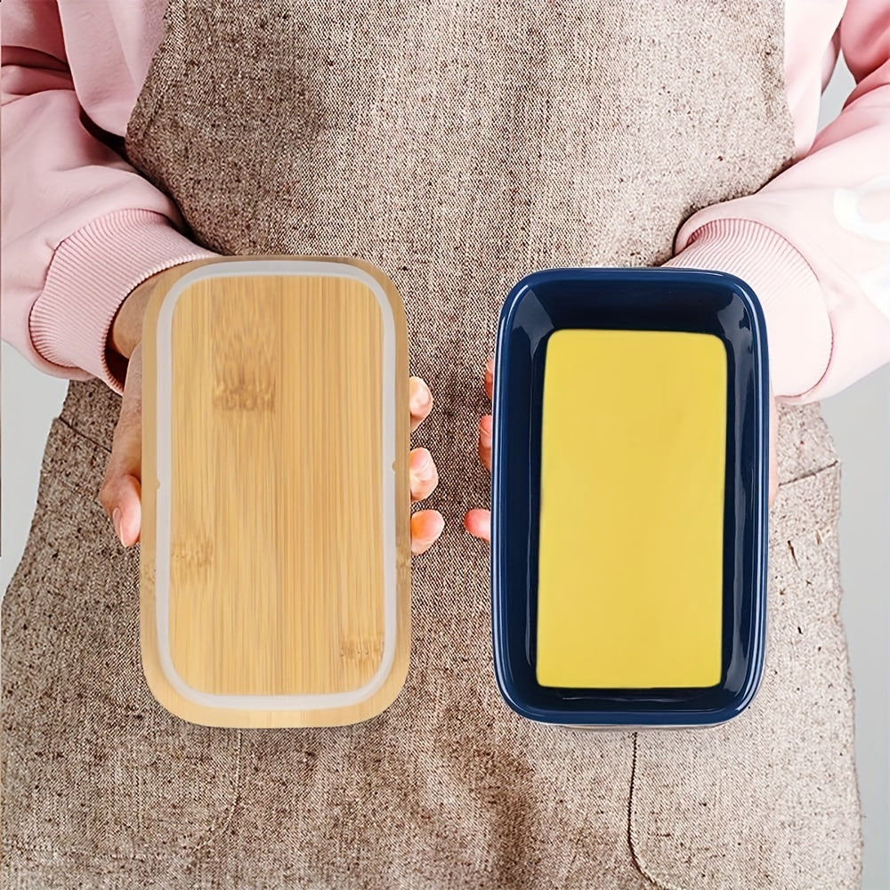 Ceramic Butter Dish Set with Bamboo Lid and Knife, Airtight Countertop Storage