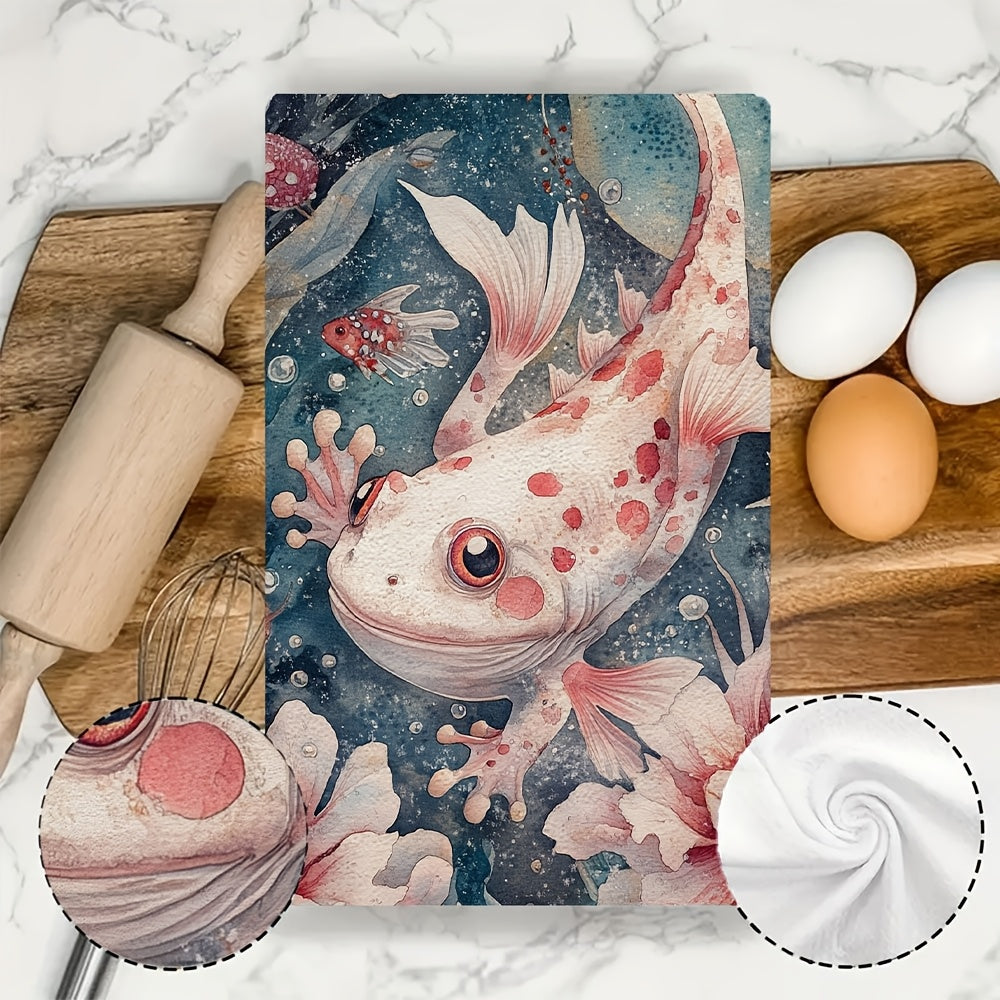 Set of 2 Ultra Soft Kitchen Towels with Axolotl and Floral Design, 40x60 cm