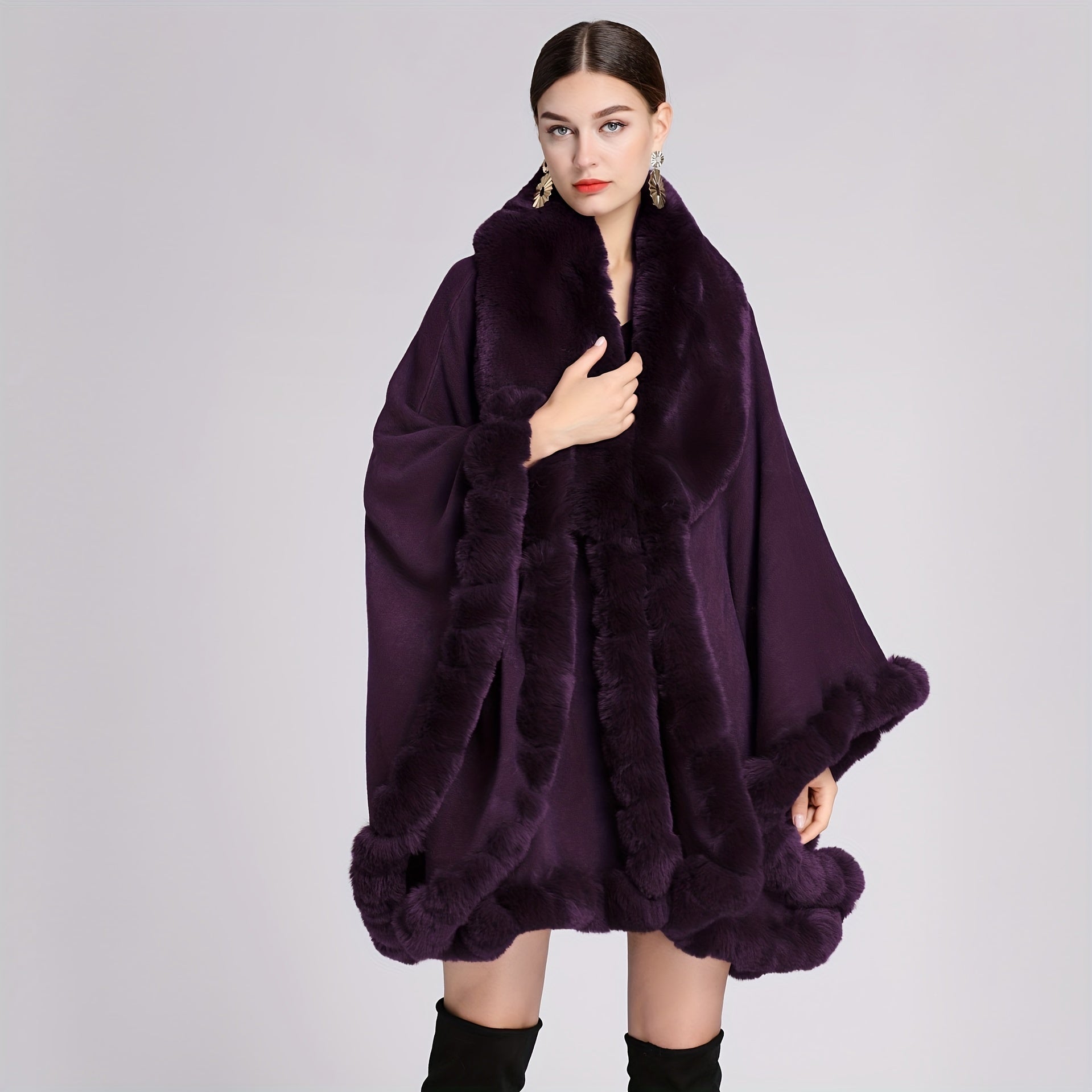 Women’s Warm Oversized Faux Fur Collar Cardigan Cape Autumn Winter Windproof Shawl