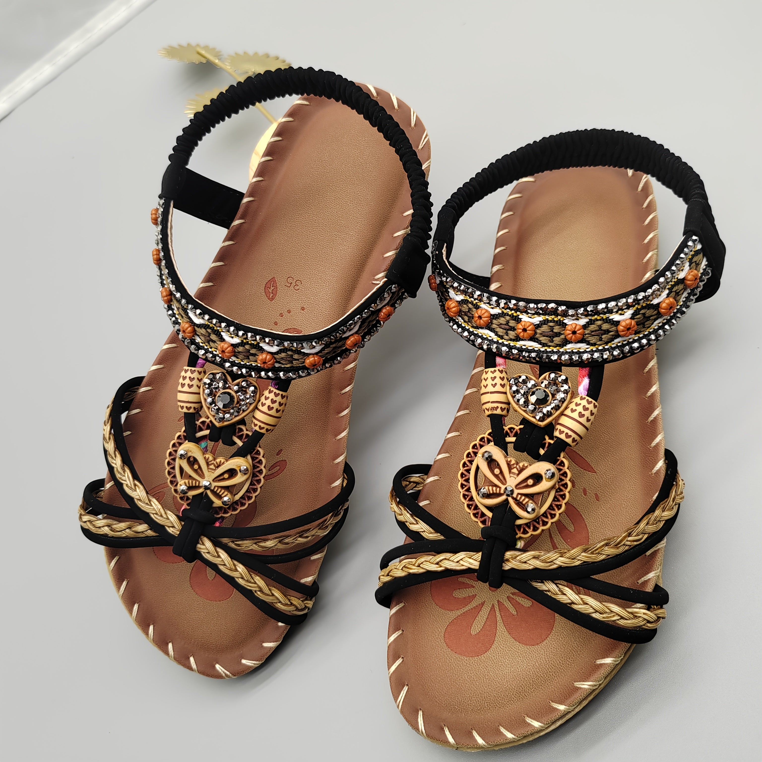 Women Bohemian Flat Sandals Adjustable Ankle Strap Round Toe Black White Orange