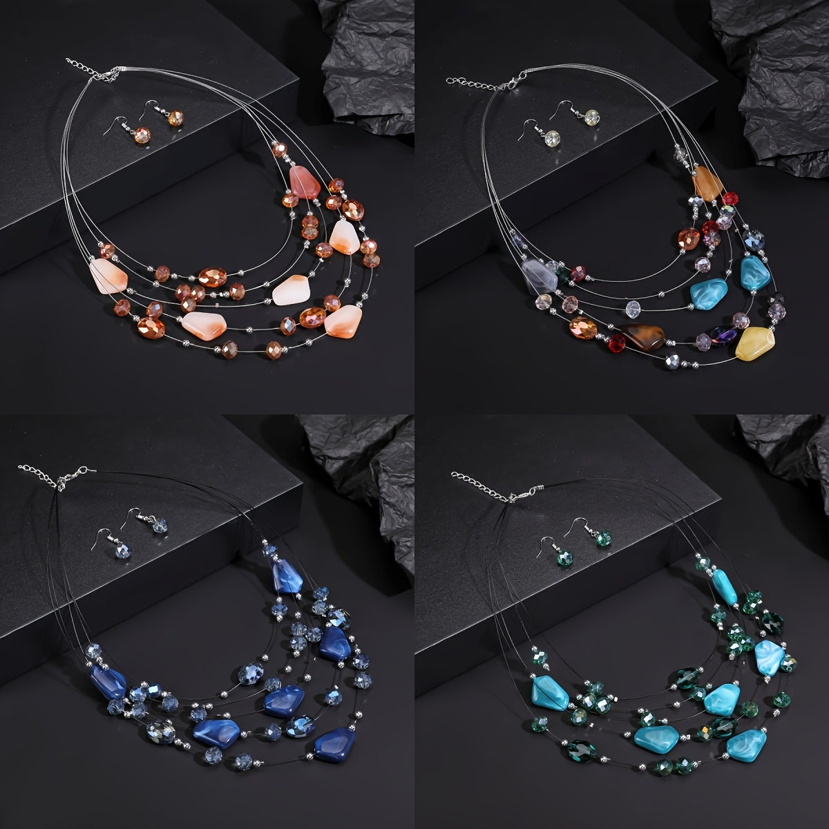Boho Punk Jewelry Set Geometric Resin Beaded Necklace and Earrings for Women