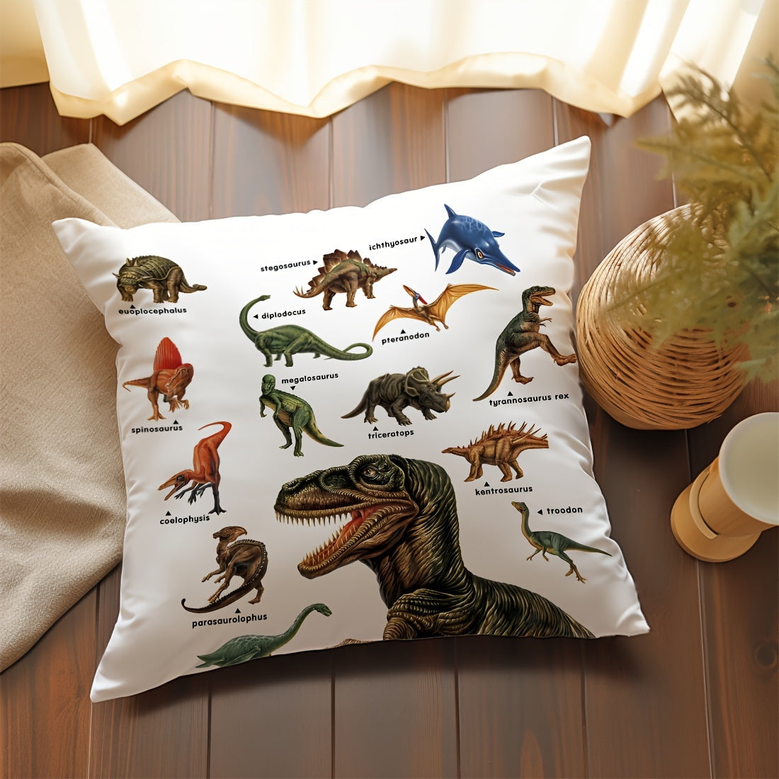 45x45cm Dinosaur Educational Illustration Pillowcase Made from Peach Skin Velvet for Sofa Bed Car Decor