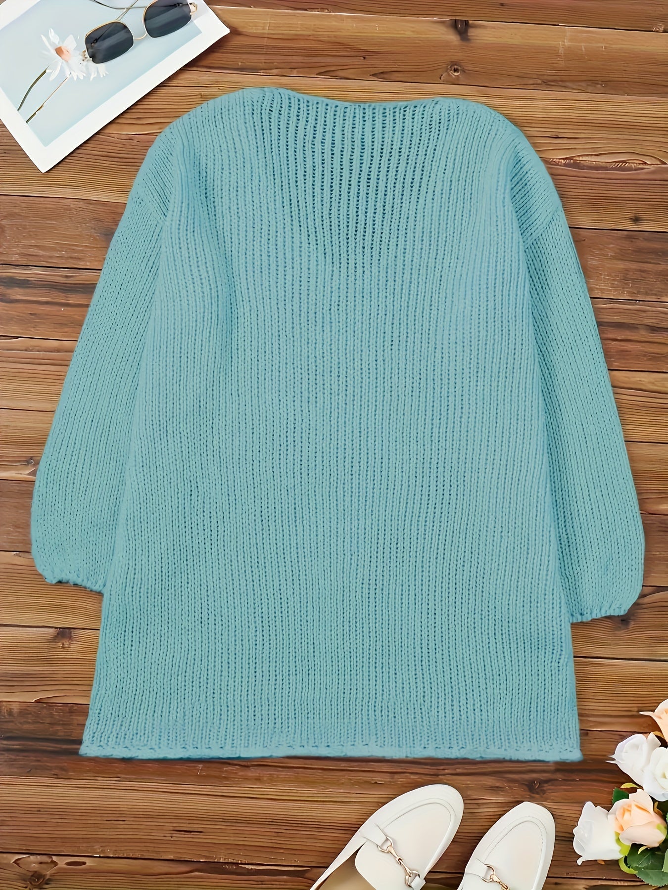 Plus Size Women's V-Neck Ribbed Sweater Light Blue Cozy Fall Winter Pullover