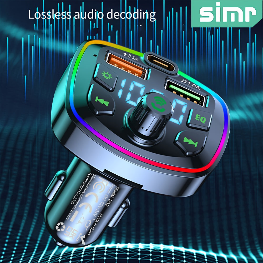 Wireless Car MP3 FM Transmitter Dual USB Type C Charger Ambient Light 12V