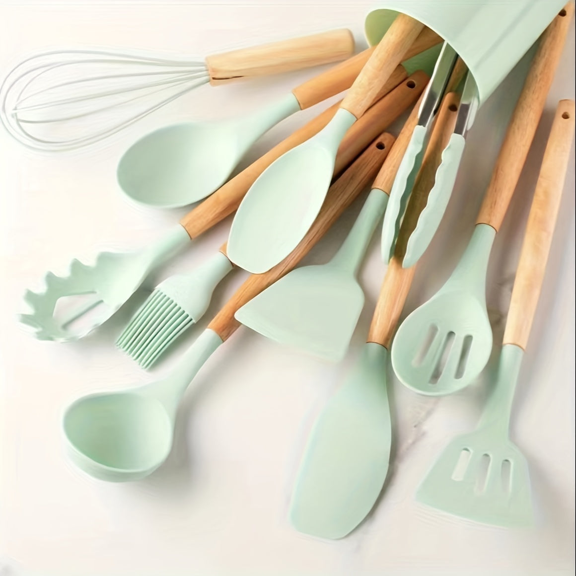 12-Piece Silicone Kitchen Utensil Set with Wooden Handles Khaki Non-Stick Heat-Resistant