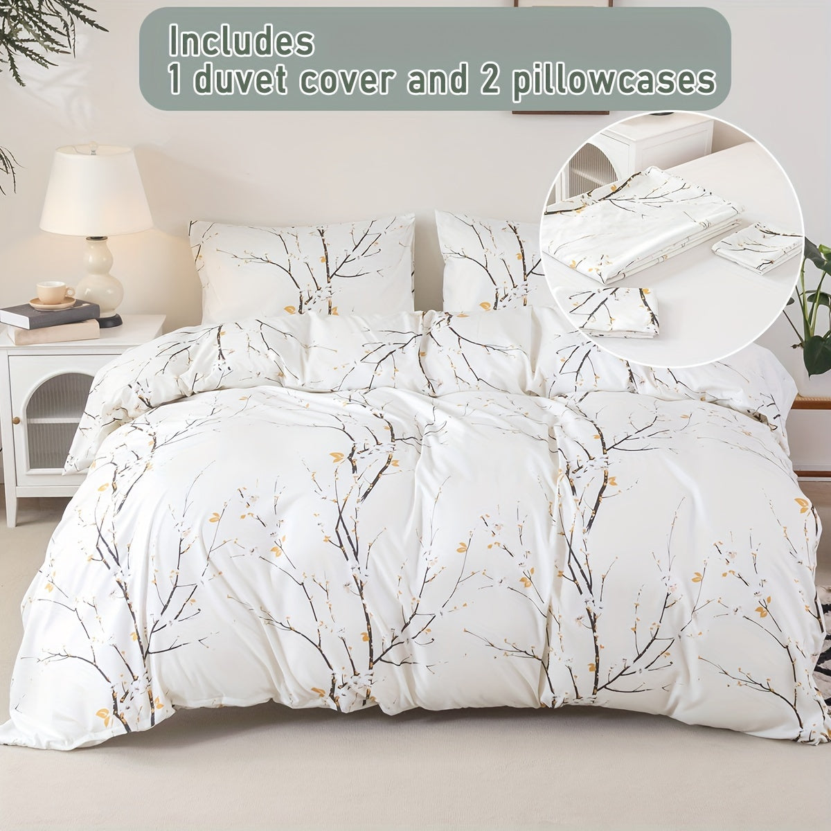 Flower Print Duvet Cover Set with Pillowcases Soft Bedding for Bedroom or Guest Room