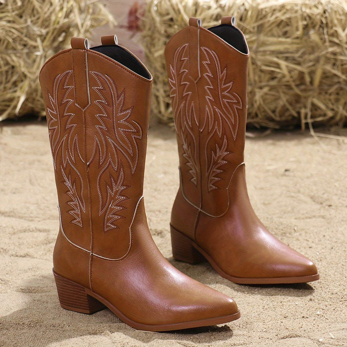 Women's Faux Leather Western Mid-Calf Boots with Baroque Embroidery