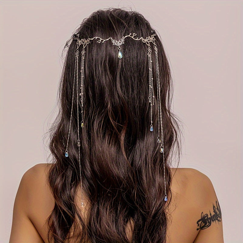 Bohemian Teardrop Tassel Head Chain with Beads Bridal Hair Accessory