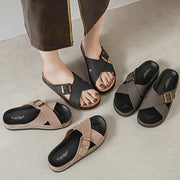 Women's Casual Slide Sandals Mid-Heel Cross Strap Open Toe Brown Black