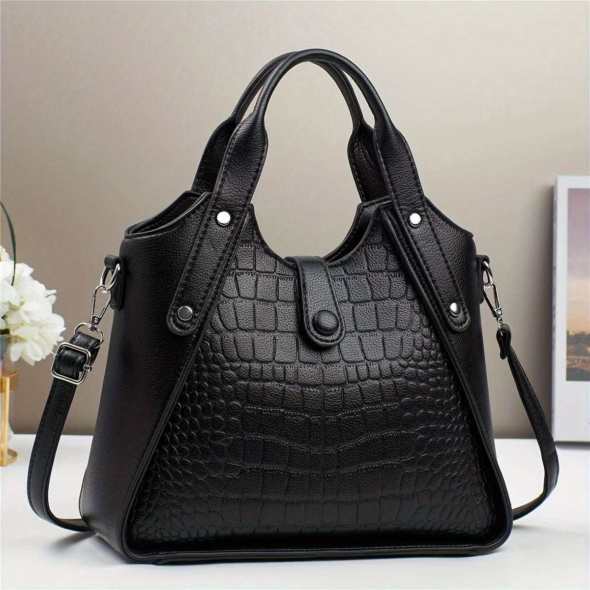 Women's Faux Leather Crocodile Pattern Shoulder Bag Casual Zipper Closure Adjustable Strap