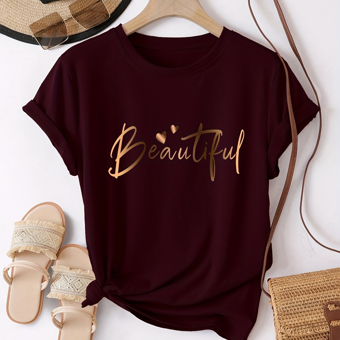 Women's Loose Fit Letter Print T-Shirt Crew Neck Short Sleeve Polyester Knit Spring Summer Autumn