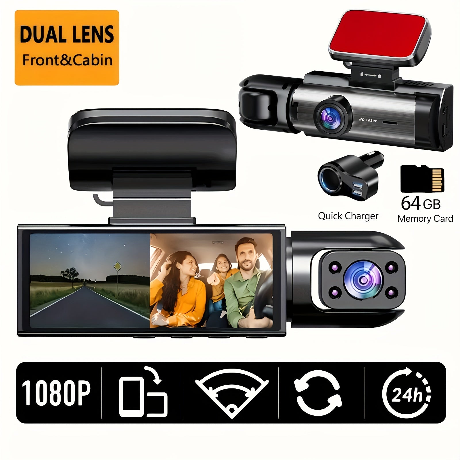 Car Dash Cam with 64G High-Speed Memory Card HD Dual Front and Rear Recording 3.16-Inch IPS Screen