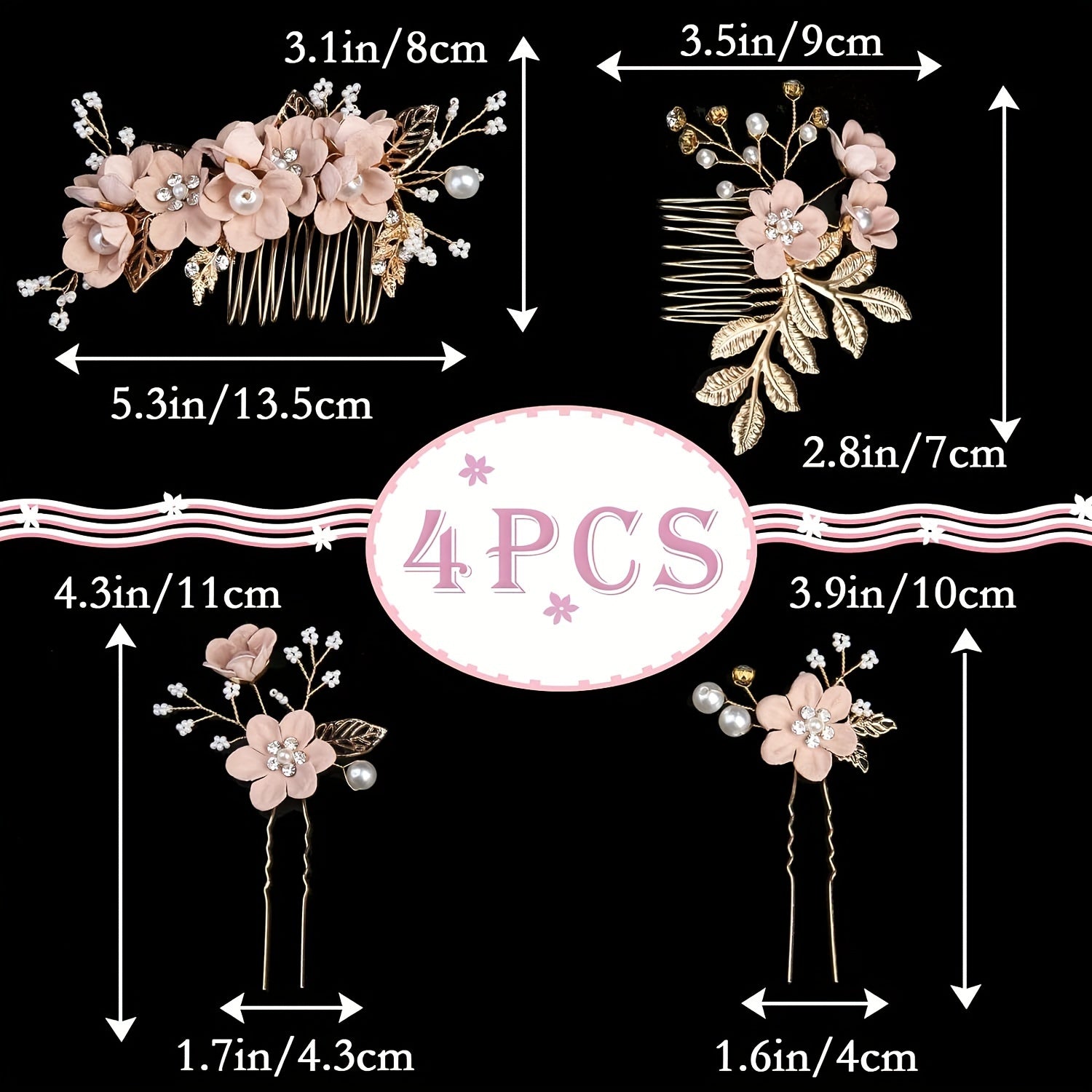 Vintage gullar bilan bohemiy to'y soch aksessuarlari to'plami, 4 ta