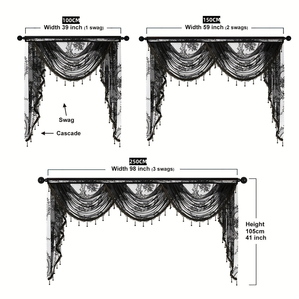 European Style Wave Curtain with Black Lace Valance and Flower Pattern for Living Room Windows