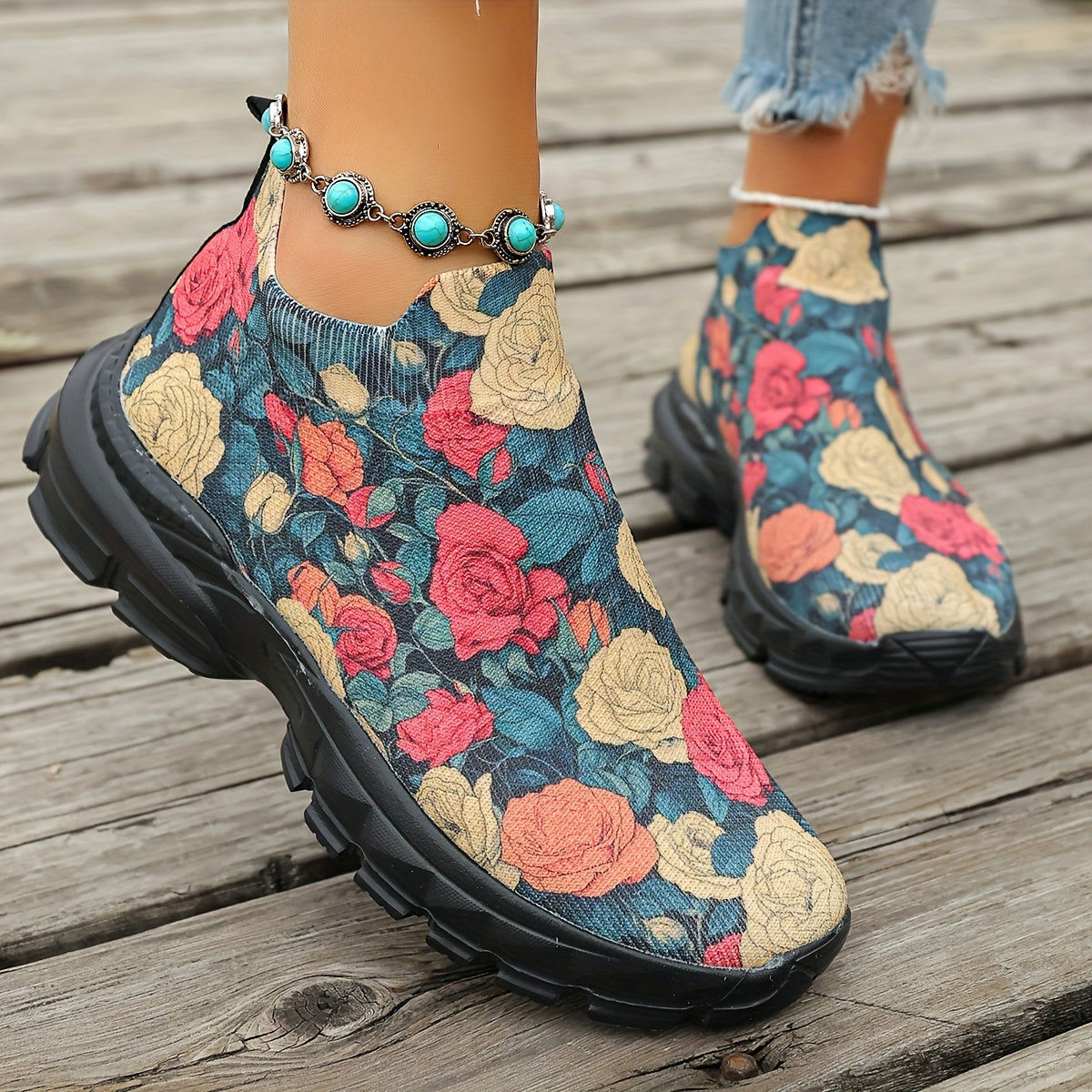 Women's Floral Print Slip-On Sneakers | Lightweight Breathable Fabric, Red Roses
