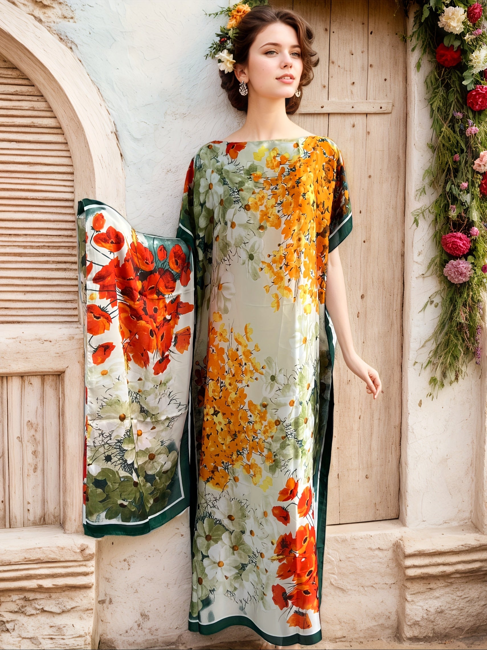 Vestido largo de talla grande para mujer con estampado floral, manga larga, boho chic