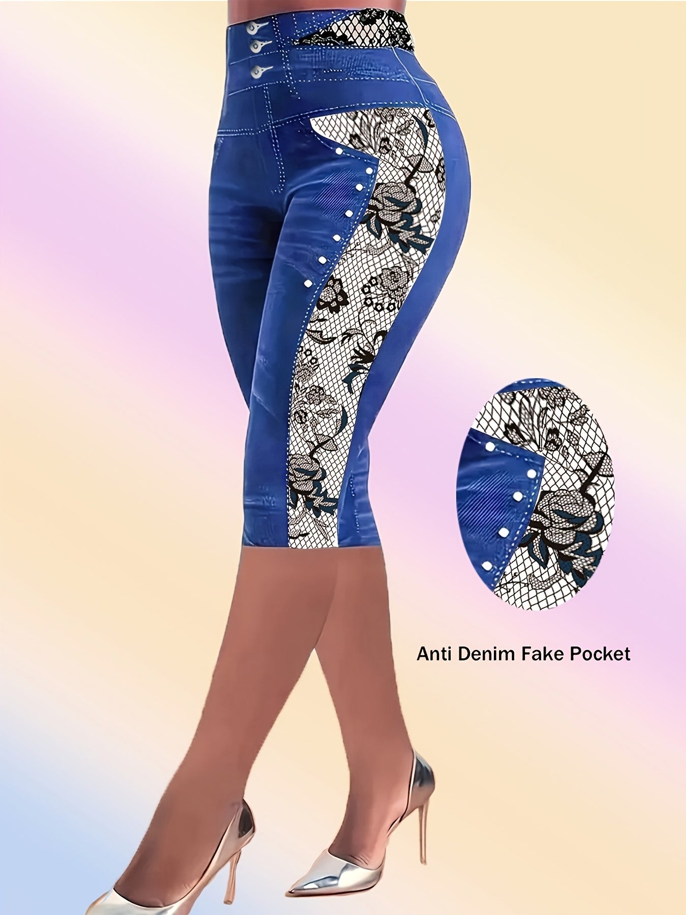 Leggings de mezclilla de talle alto para mujer de tallas grandes con estampado de encaje de calavera
