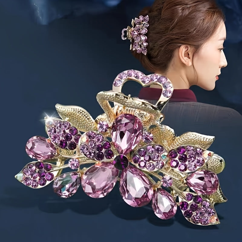 Large Rhinestone Flower Hair Claw Clip for Women, Secure Ponytail Holder