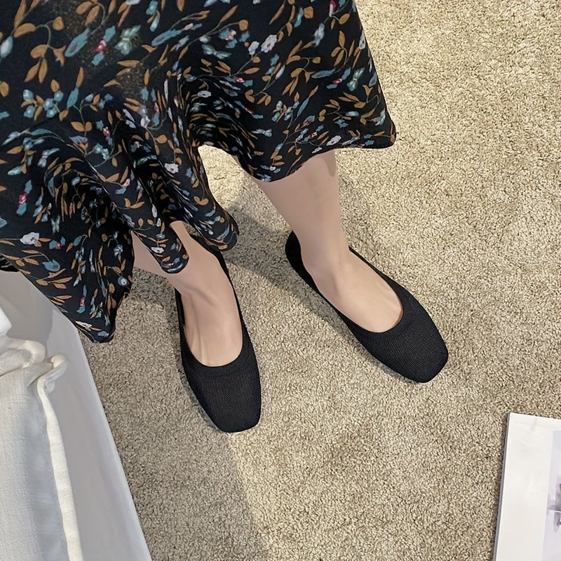 Women's Knit Flat Shoes Breathable Slip-On Square Toe Ballet Flats