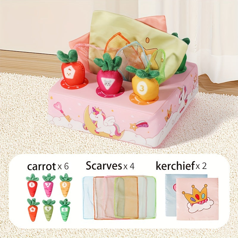 Youngsters Sensory Toy 2-in-1 Tissue Box and Radish Pulling Game Crinkly Plush