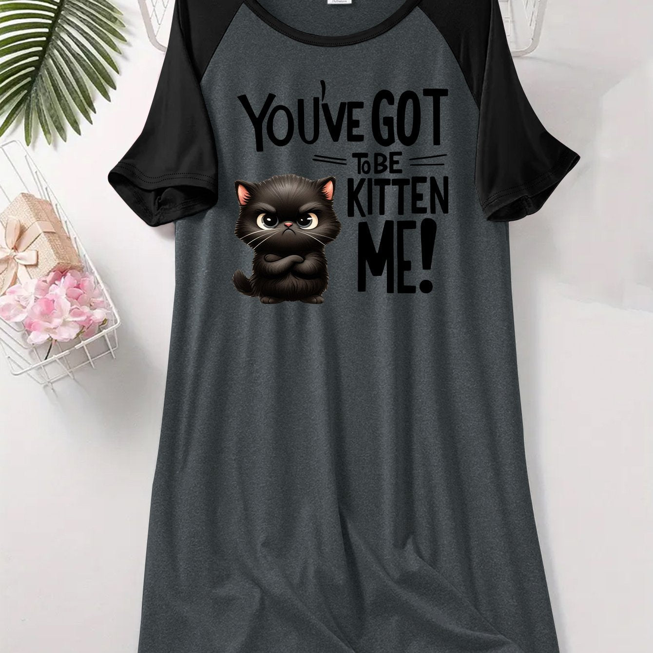 Women’s Cat Print Sleep Dress Short Sleeve Lounge Nightgown Soft Stretchy Fabric