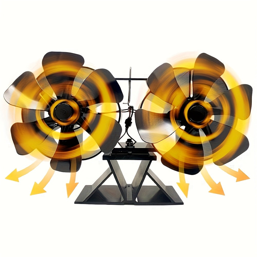 12-Blade Metal Fireplace Fan Dual Heads Portable Air Circulation No Electricity