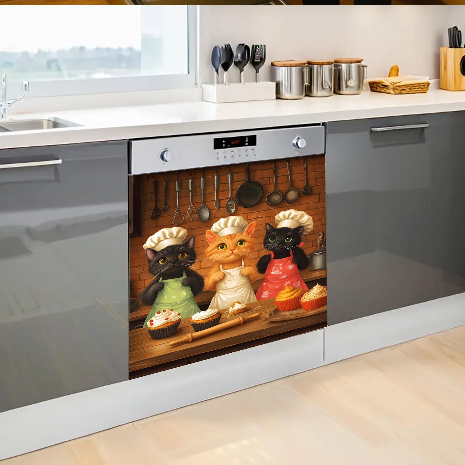 2D Flat Cat Pattern Dishwasher Door Decoration Kit Waterproof Soft Easy Install