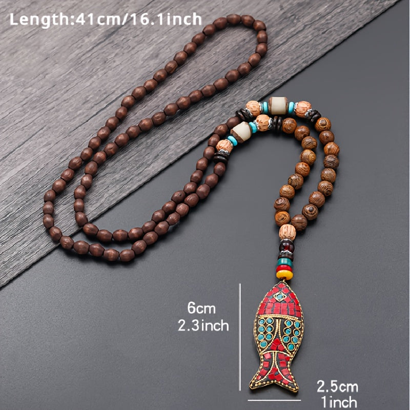 Sovg'a marjon: Boho uslubidagi yog'och beadli pandant bilan uzun sviter zanjiri, o'yma zargarlik