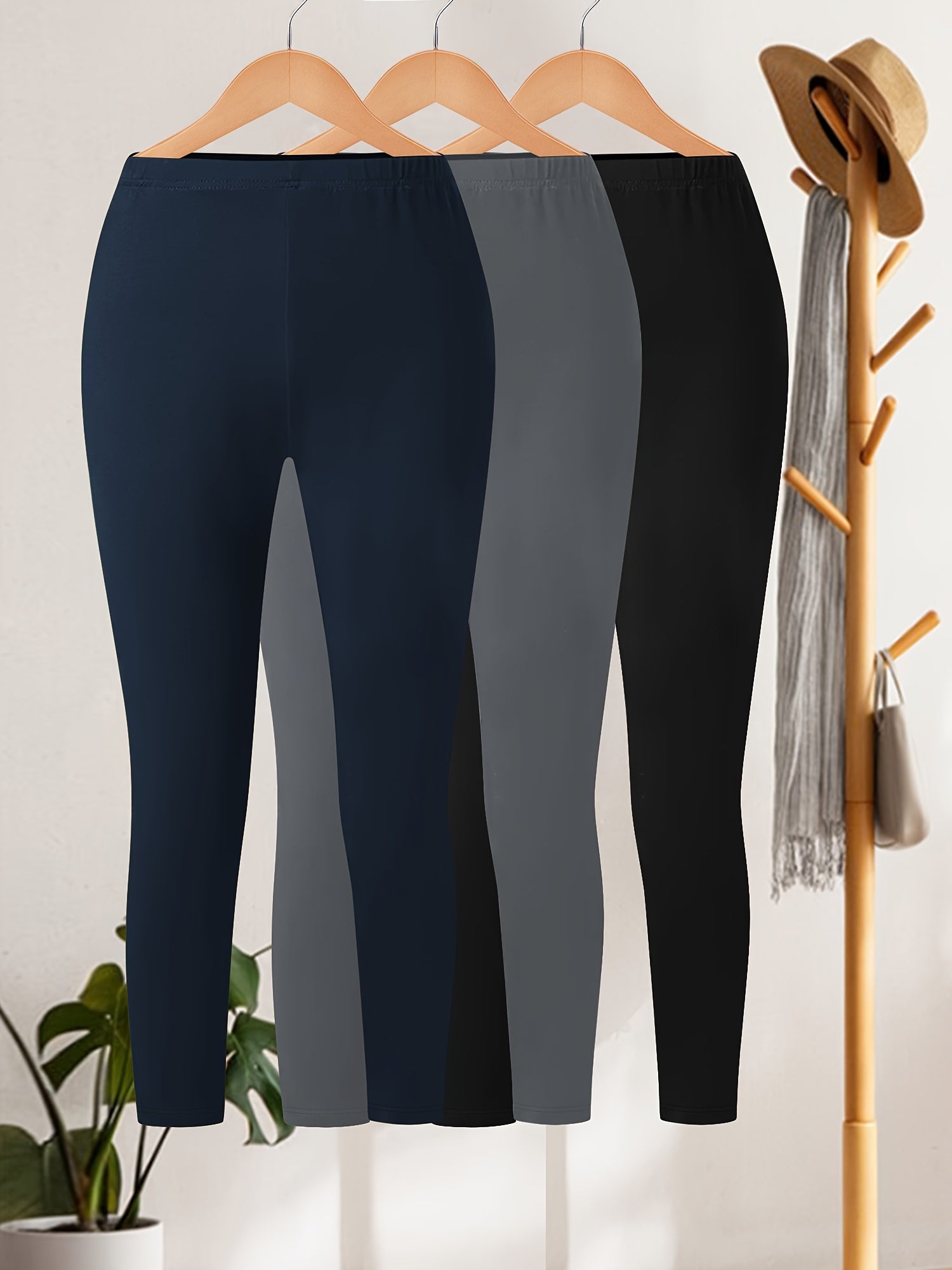 Plus Size Cropped Leggings Women High Stretch Polyester Solid Breathable 3-Pack