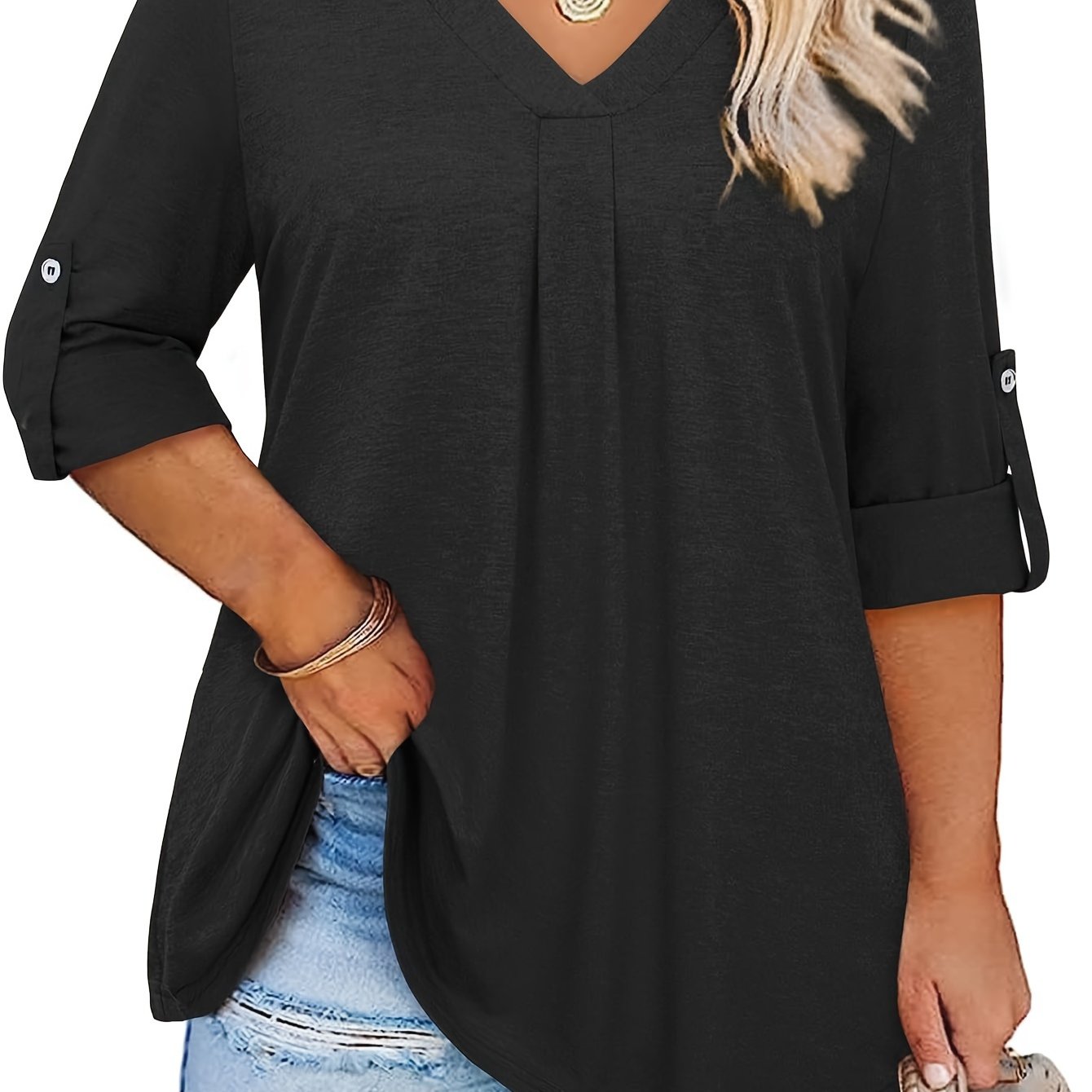 Plus Size Women's V-Neck Blouse 3/4 Sleeve Solid Color Casual Top