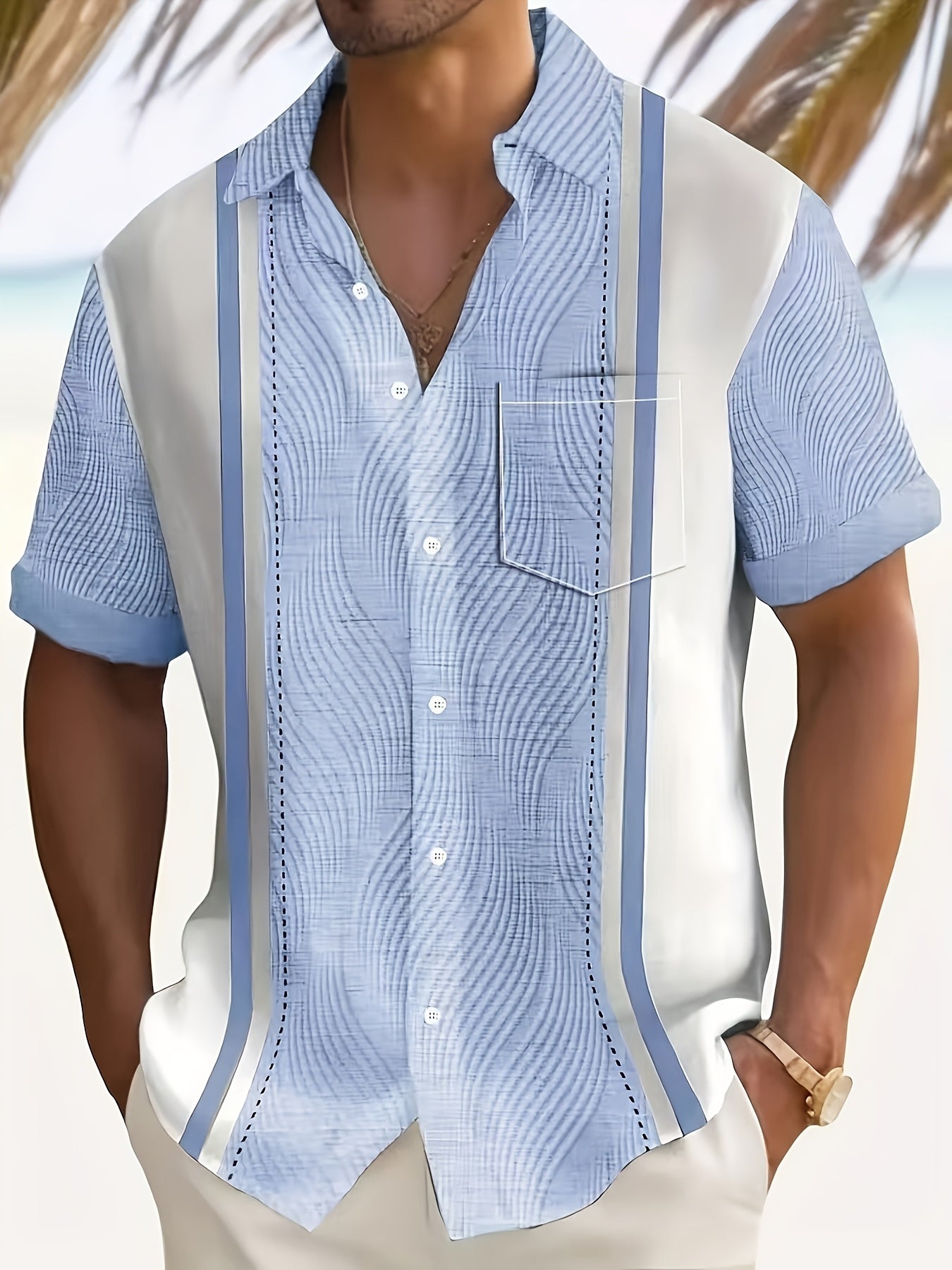 Men's Plus Size Button-Up Shirt with European and American Prints Slim Fit V-Neck Pockets All-Season