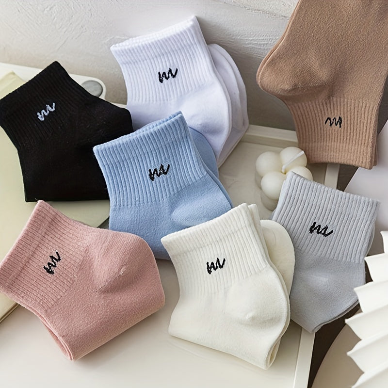 Women's Mid-Calf Rib-Knit Socks 7 Pairs Candy Colors Solid Letter Polyester Spandex