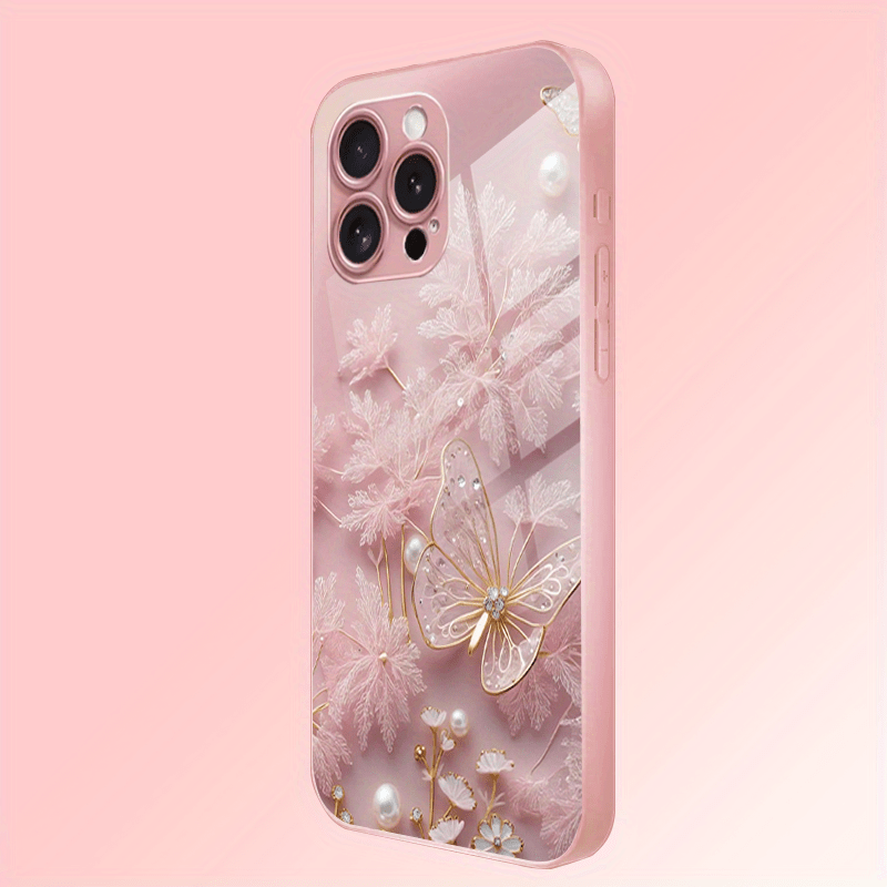 Pink Butterfly Pattern Tempered Glass Phone Case for iPhone 11 12 13 14 15 16 Series XR XS X 7 8 Plus