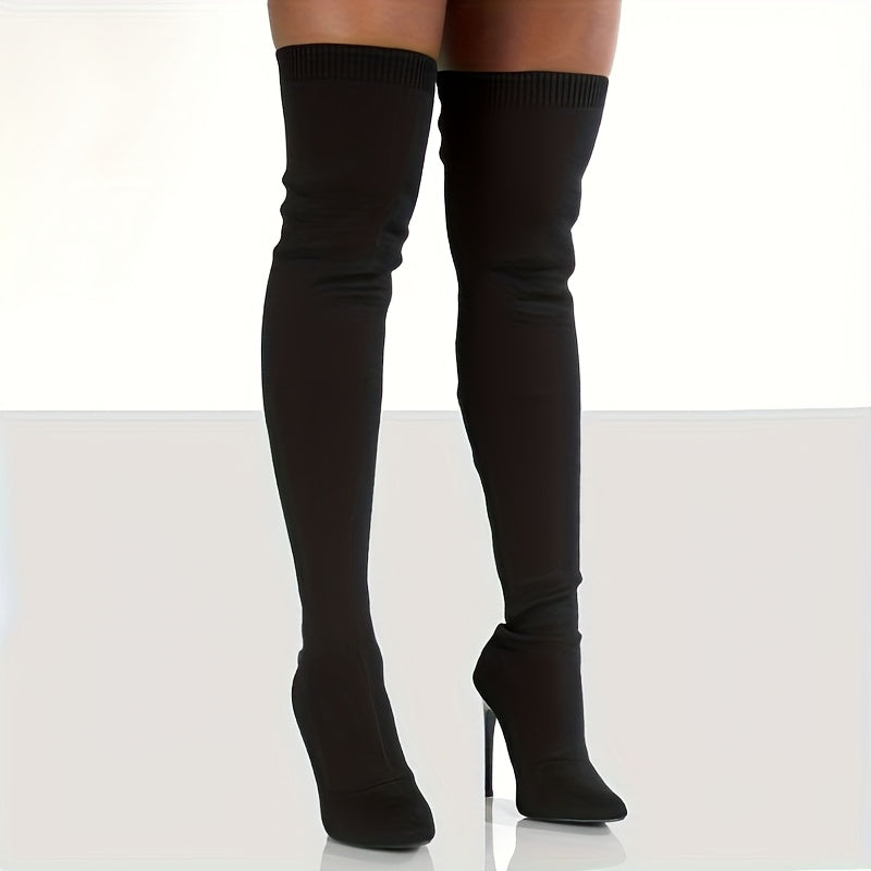 Women's Knit Over-the-Knee Boots with Pointed Toe Stiletto Heel